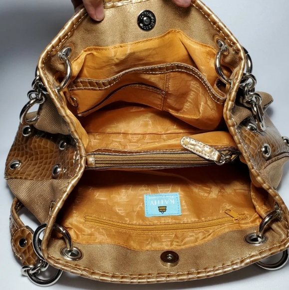 🐰☮VINTAGE☮ KATHY VAN ZEELAND Gold Fabric/Croc Leather Hobo - Picture 2 of 13